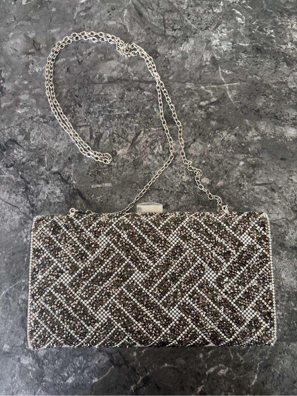 Nina Silver and Black Beaded Evening Clutch with Chain